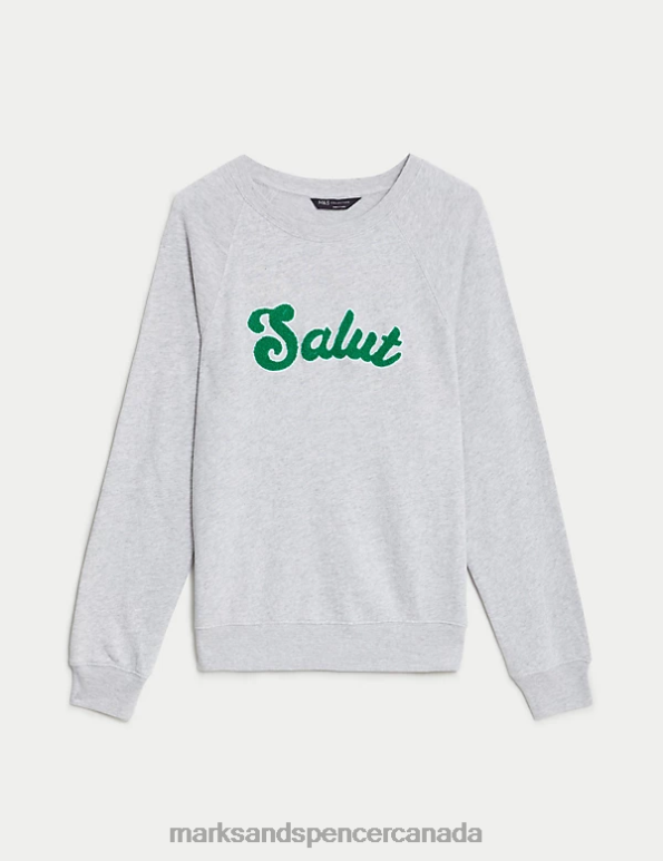 Women Grey Marl Clothing Marks & Spencer Pure Cotton Slogan Crew Neck Sweatshirt 20VTD1379 - Marks and Spencer outlet