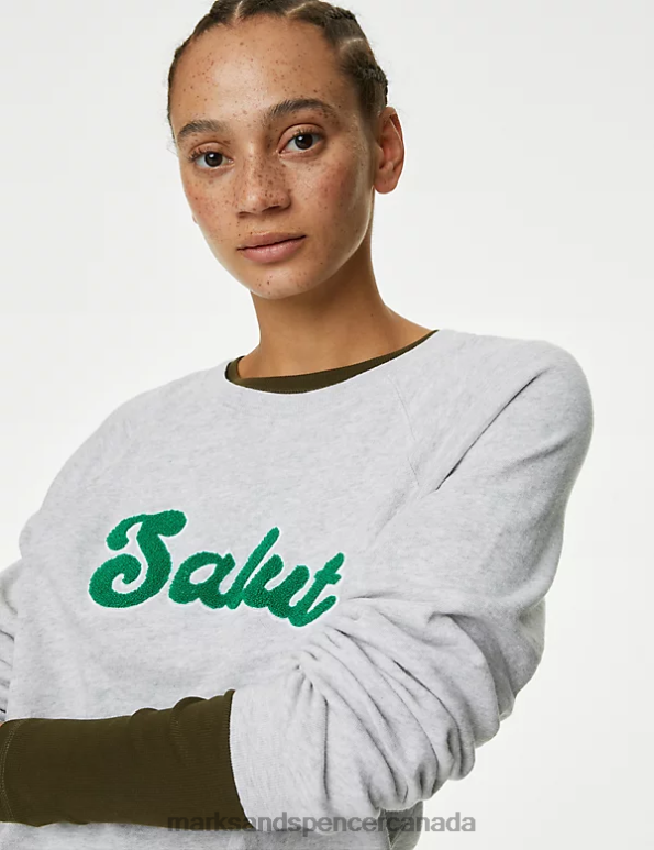 Women Grey Marl Clothing Marks & Spencer Pure Cotton Slogan Crew Neck Sweatshirt 20VTD1379 - Marks and Spencer outlet