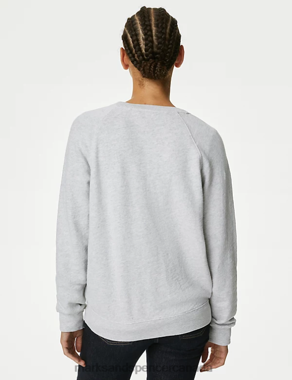 Women Grey Marl Clothing Marks & Spencer Pure Cotton Slogan Crew Neck Sweatshirt 20VTD1379 - Marks and Spencer outlet