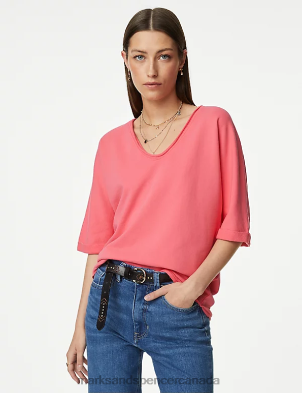 Women Medium Pink Clothing Marks & Spencer Pure Cotton Scoop Neck Sweatshirt 20VTD2954 - Marks and Spencer Canada locations
