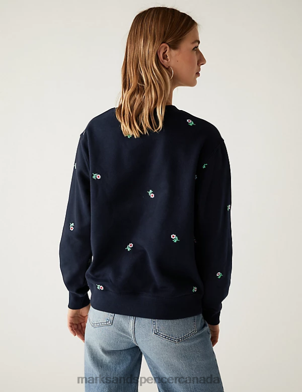 Marks and Spencer Canada - Women Navy Mix Clothing Marks & Spencer Cotton Rich Embroidered Sweatshirt 20VTD1500
