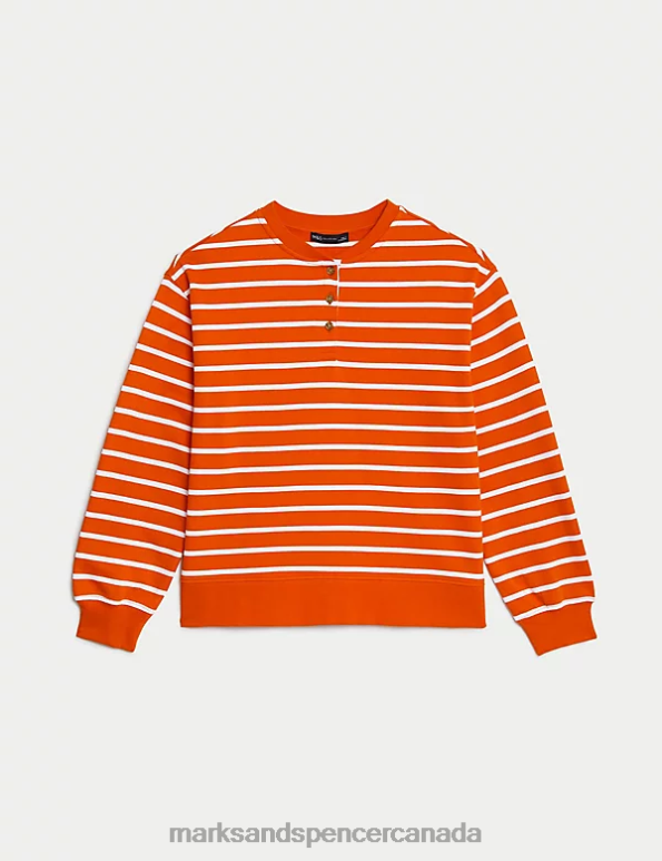 Women Orange Mix Clothing Marks & Spencer Pure Cotton Striped Crew Neck Sweatshirt 20VTD792 - Marks and Spencer online