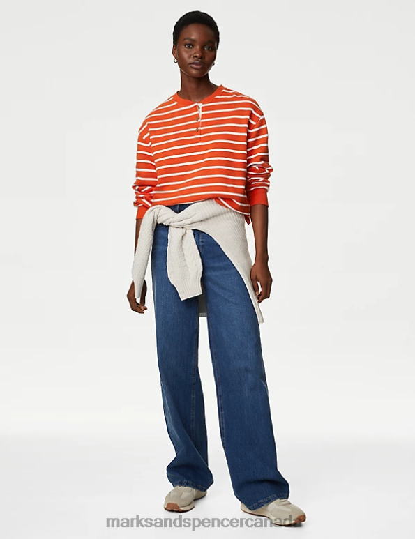 Women Orange Mix Clothing Marks & Spencer Pure Cotton Striped Crew Neck Sweatshirt 20VTD792 - Marks and Spencer online