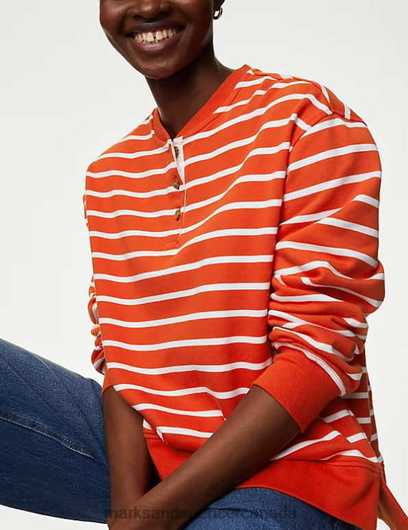 Women Orange Mix Clothing Marks & Spencer Pure Cotton Striped Crew Neck Sweatshirt 20VTD792 - Marks and Spencer online