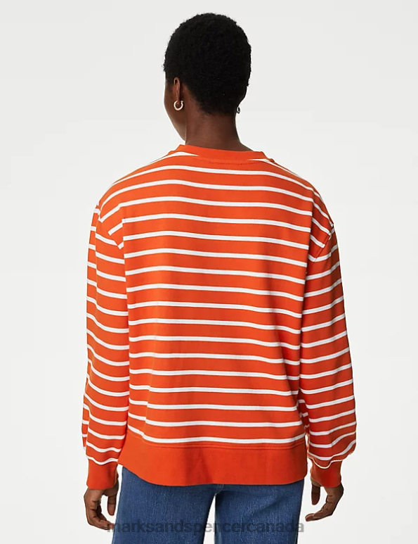 Women Orange Mix Clothing Marks & Spencer Pure Cotton Striped Crew Neck Sweatshirt 20VTD792 - Marks and Spencer online