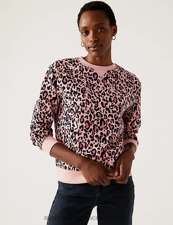 Women Pink Mix Clothing Marks & Spencer Cotton Rich Printed Crew Neck Sweatshirt 20VTD2894 - Marks and Spencer online
