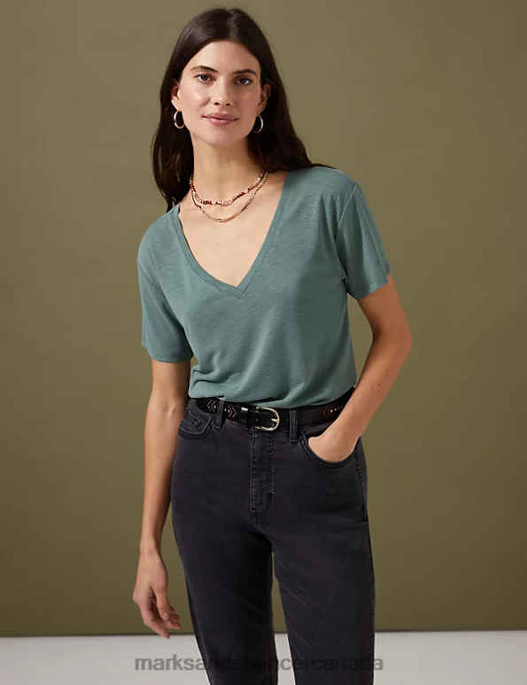 Women Antique Green Clothing Marks & Spencer Modal Rich V-Neck T-Shirt 20VTD2674 - Marks and Spencer outlet