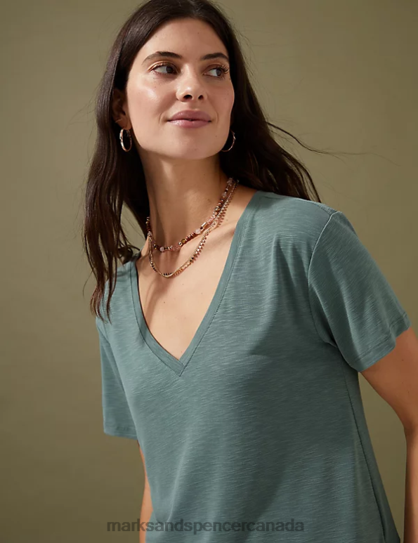 Women Antique Green Clothing Marks & Spencer Modal Rich V-Neck T-Shirt 20VTD2674 - Marks and Spencer outlet