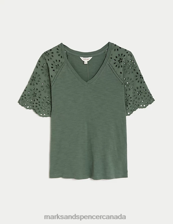 Women Antique Green Clothing Marks & Spencer Pure Cotton Broderie Detail T-Shirt 20VTD2180 - Marks and Spencer outlet