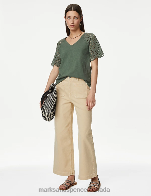 Women Antique Green Clothing Marks & Spencer Pure Cotton Broderie Detail T-Shirt 20VTD2180 - Marks and Spencer outlet