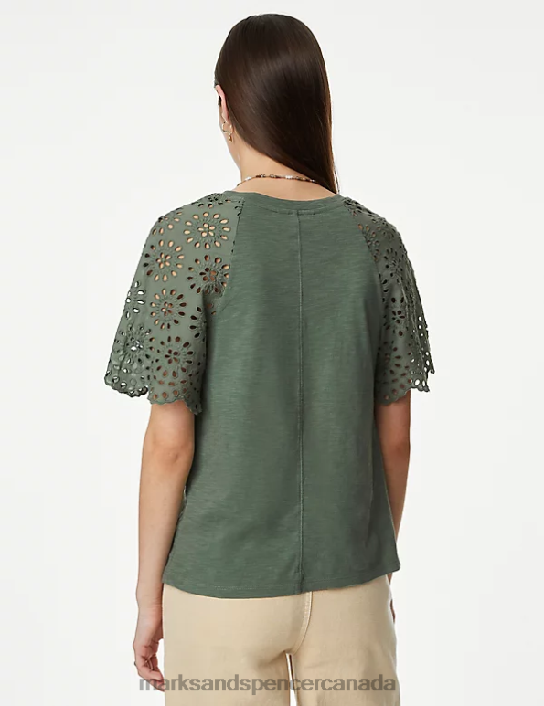 Women Antique Green Clothing Marks & Spencer Pure Cotton Broderie Detail T-Shirt 20VTD2180 - Marks and Spencer outlet