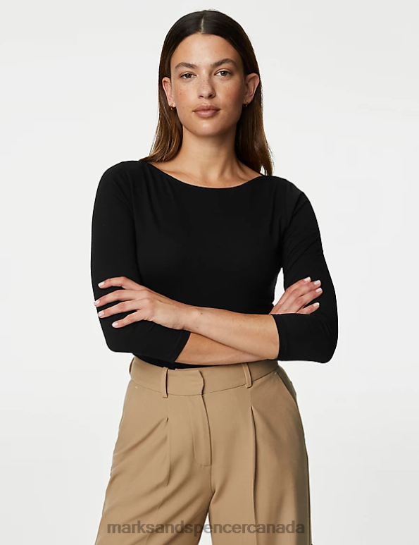 Marks and Spencer near me - Women Black Clothing Marks & Spencer Cotton Rich Slim Fit 3/4 Sleeve T-Shirt 20VTD1217