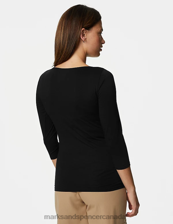 Marks and Spencer near me - Women Black Clothing Marks & Spencer Cotton Rich Slim Fit 3/4 Sleeve T-Shirt 20VTD1217