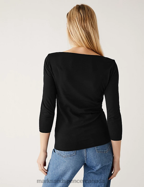 Marks and Spencer near me - Women Black Clothing Marks & Spencer Cotton Rich Slim Fit 3/4 Sleeve T-Shirt 20VTD1217