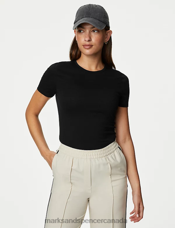 Women Black Clothing Marks & Spencer Cotton Rich Slim Fit T-Shirt 20VTD1806 - Marks and Spencer outlet