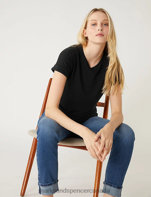 Women Black Clothing Marks & Spencer Linen Rich T-Shirt 20VTD2477 - Marks and Spencer Canada locations