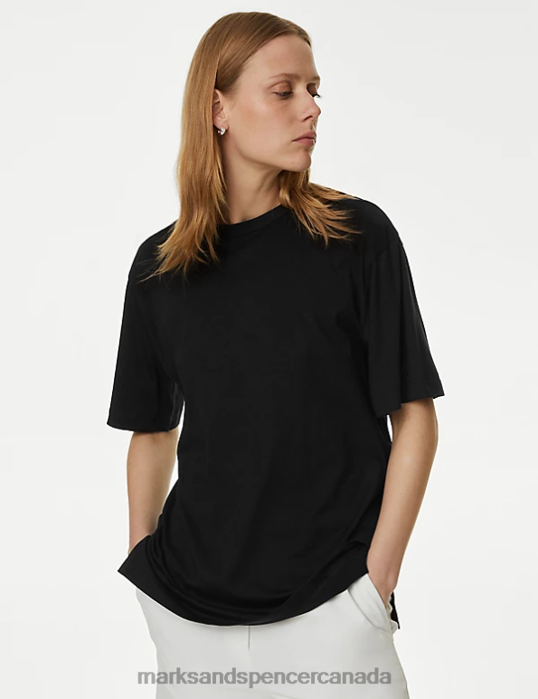 Women Black Clothing Marks & Spencer Pure Cotton Crew Neck Oversized T-Shirt 20VTD2961 - Marks and Spencer outlet