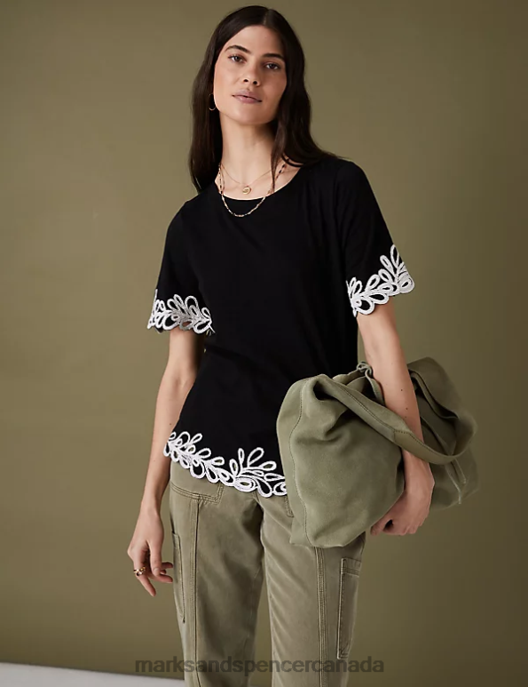 Marks and Spencer near me - Women Black Clothing Marks & Spencer Pure Cotton Embroidered T-Shirt 20VTD3319