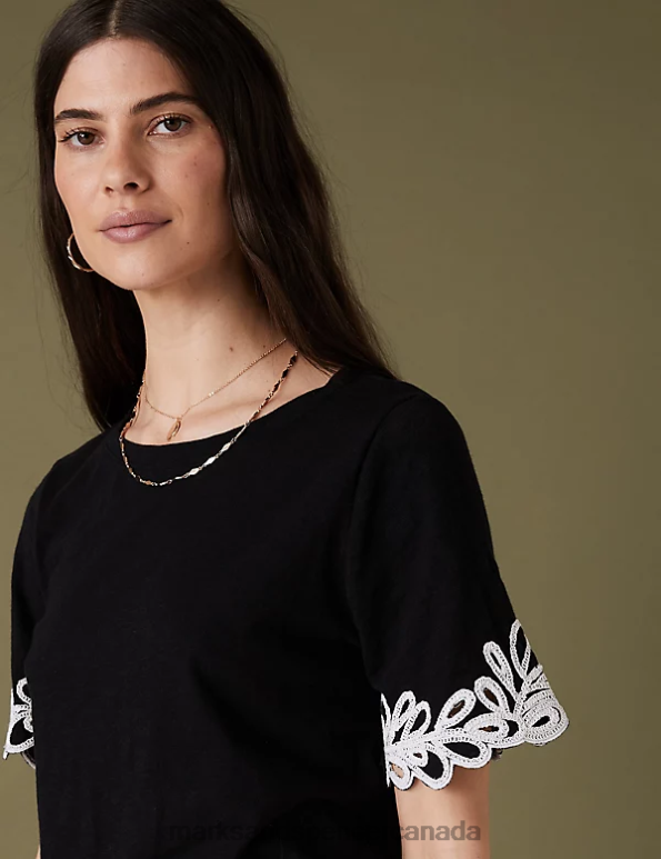 Marks and Spencer near me - Women Black Clothing Marks & Spencer Pure Cotton Embroidered T-Shirt 20VTD3319