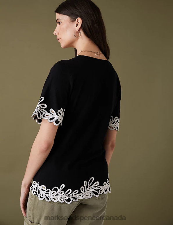 Marks and Spencer near me - Women Black Clothing Marks & Spencer Pure Cotton Embroidered T-Shirt 20VTD3319