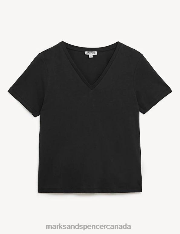 Women Black Clothing Marks & Spencer Pure Cotton V-Neck T-Shirt 20VTD2418 - Marks and Spencer outlet
