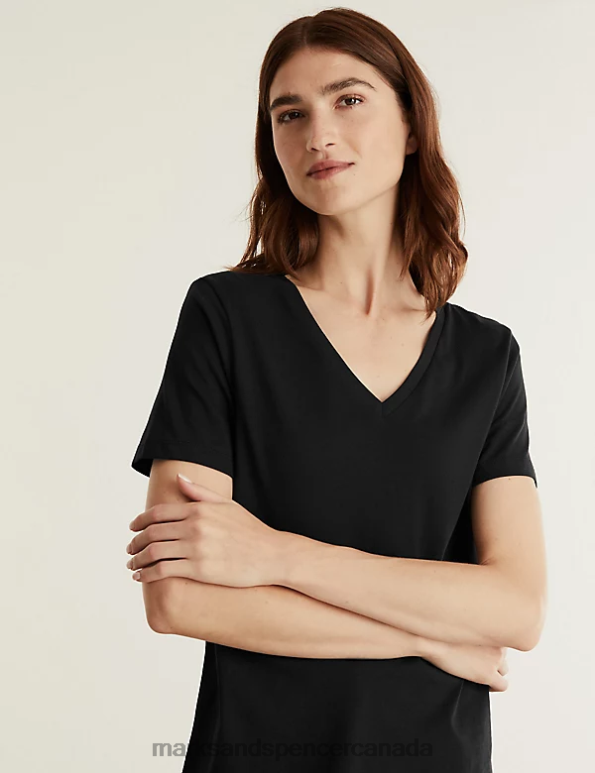 Women Black Clothing Marks & Spencer Pure Cotton V-Neck T-Shirt 20VTD2418 - Marks and Spencer outlet
