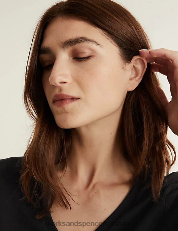 Women Black Clothing Marks & Spencer Pure Cotton V-Neck T-Shirt 20VTD2418 - Marks and Spencer outlet