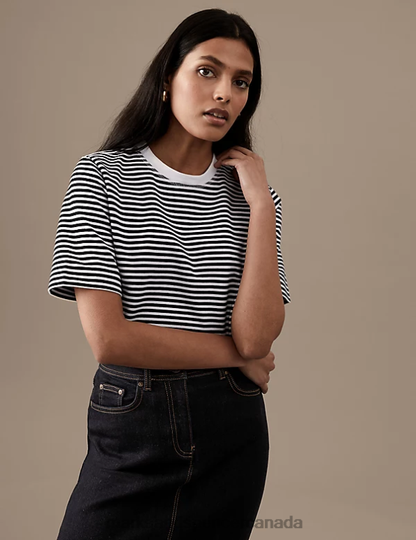 Women Black Mix Clothing Marks & Spencer Cotton Rich Striped T-Shirt 20VTD485 - Marks and Spencer outlet