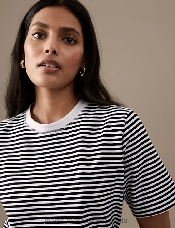 Women Black Mix Clothing Marks & Spencer Cotton Rich Striped T-Shirt 20VTD485 - Marks and Spencer outlet