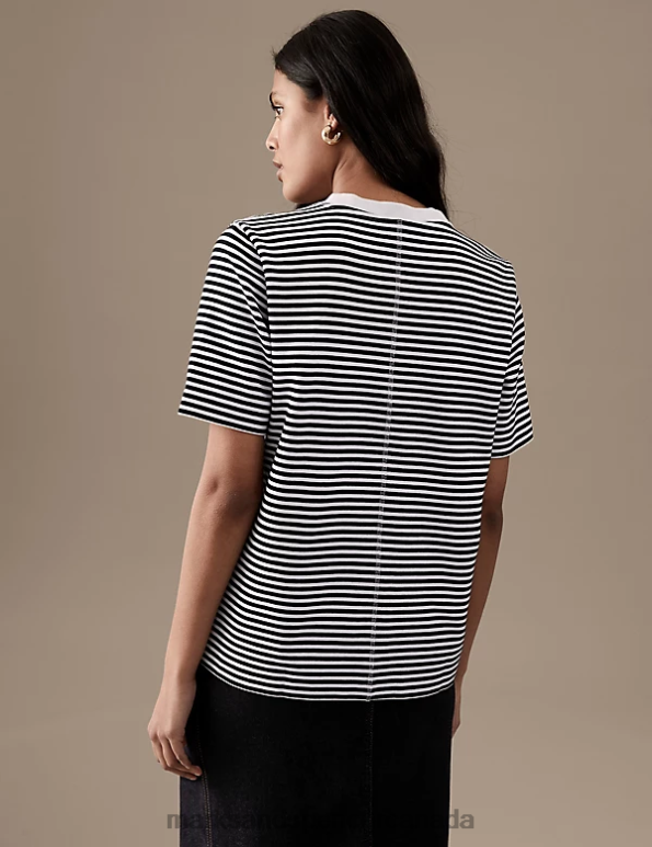Women Black Mix Clothing Marks & Spencer Cotton Rich Striped T-Shirt 20VTD485 - Marks and Spencer outlet