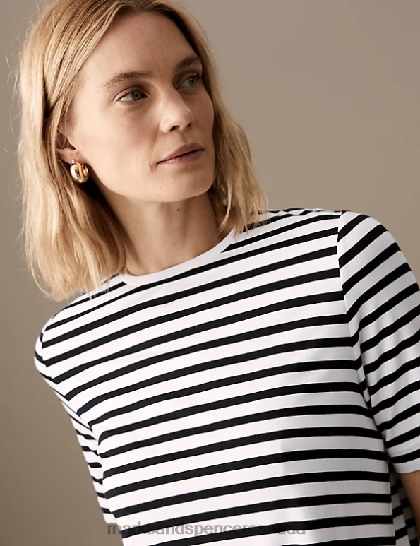 Women Black Mix Clothing Marks & Spencer Jersey Striped Round Neck Relaxed T-Shirt 20VTD3175 - Marks and Spencer outlet