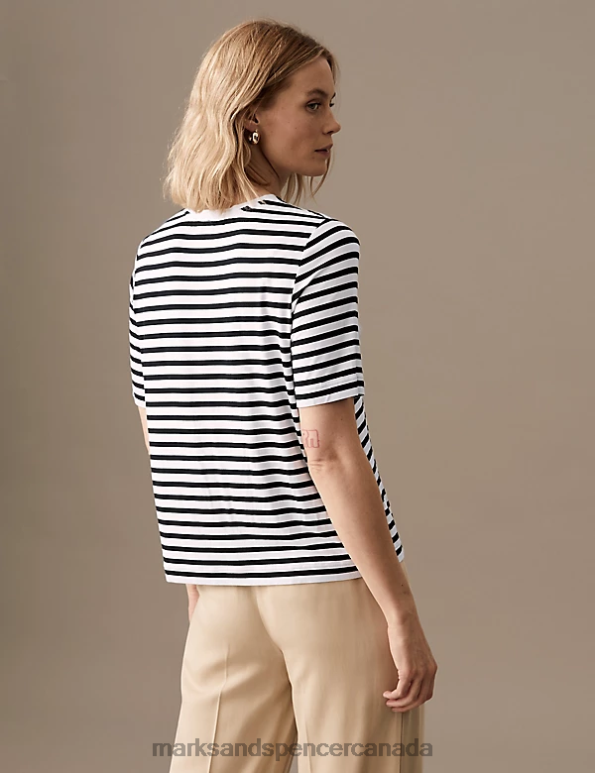Women Black Mix Clothing Marks & Spencer Jersey Striped Round Neck Relaxed T-Shirt 20VTD3175 - Marks and Spencer outlet