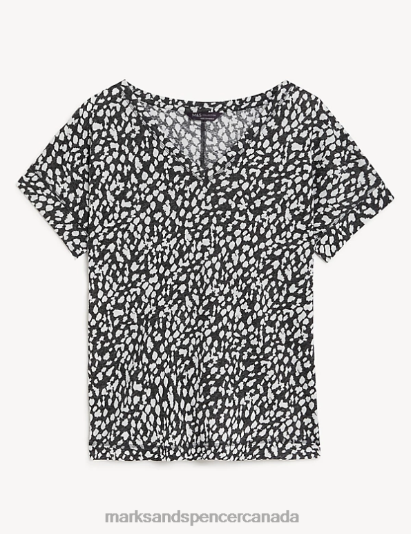 Women Black Mix Clothing Marks & Spencer Linen Rich Printed V-Neck T-Shirt 20VTD1590 - Marks and Spencer online