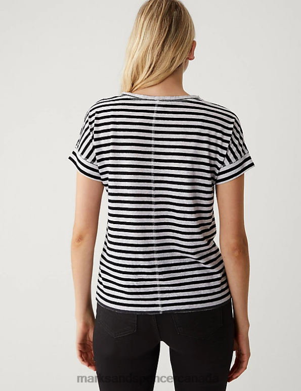 Marks and Spencer near me - Women Black Mix Clothing Marks & Spencer Linen Rich Striped V-Neck T-Shirt 20VTD2163