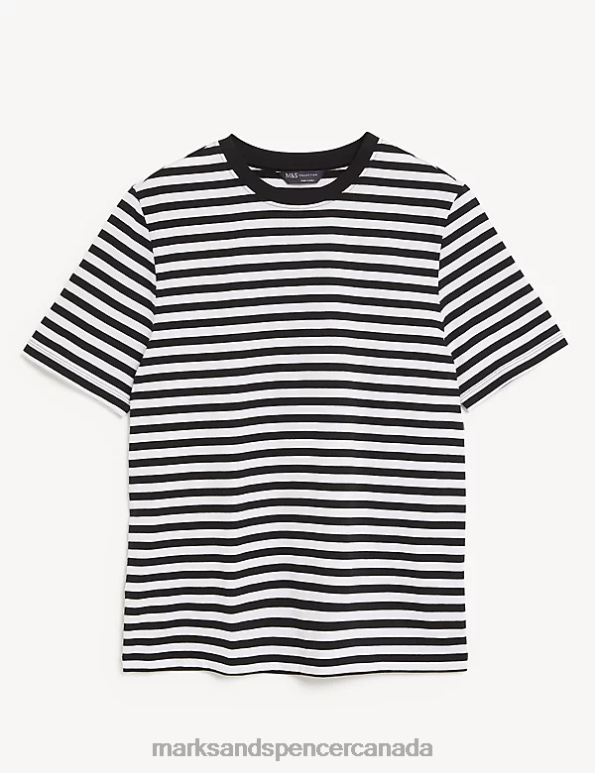 Women Black Mix Clothing Marks & Spencer Pure Cotton Striped Everyday Fit T-Shirt 20VTD2209 - Marks and Spencer Canada locations