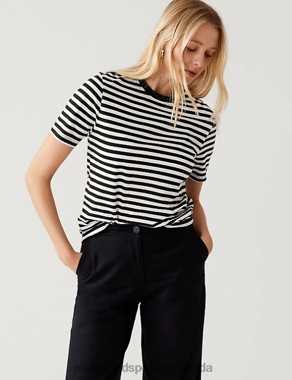 Women Black Mix Clothing Marks & Spencer Pure Cotton Striped Everyday Fit T-Shirt 20VTD2209 - Marks and Spencer Canada locations