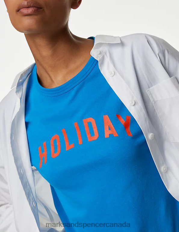Women Blue Mix Clothing Marks & Spencer Cotton Modal Blend Slogan T-Shirt 20VTD1242 - Marks and Spencer Canada locations