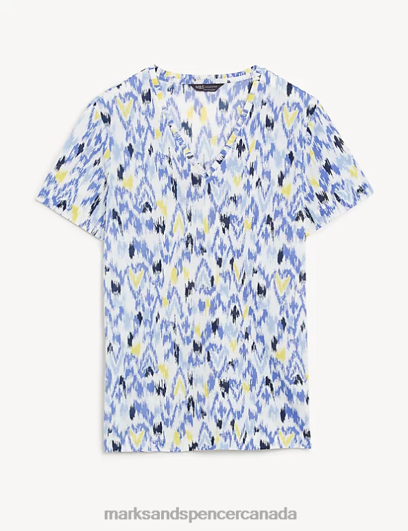 Women Blue Mix Clothing Marks & Spencer Printed Relaxed Longline T-Shirt 20VTD2701 - Marks and Spencer online