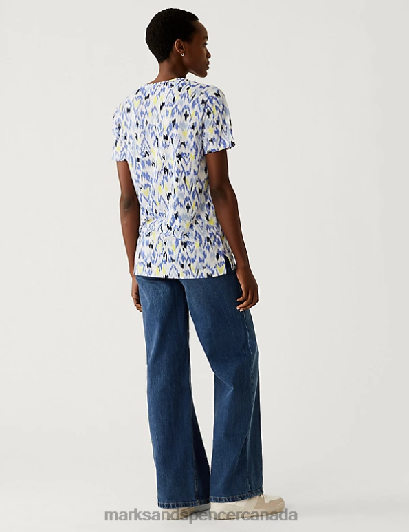 Women Blue Mix Clothing Marks & Spencer Printed Relaxed Longline T-Shirt 20VTD2701 - Marks and Spencer online