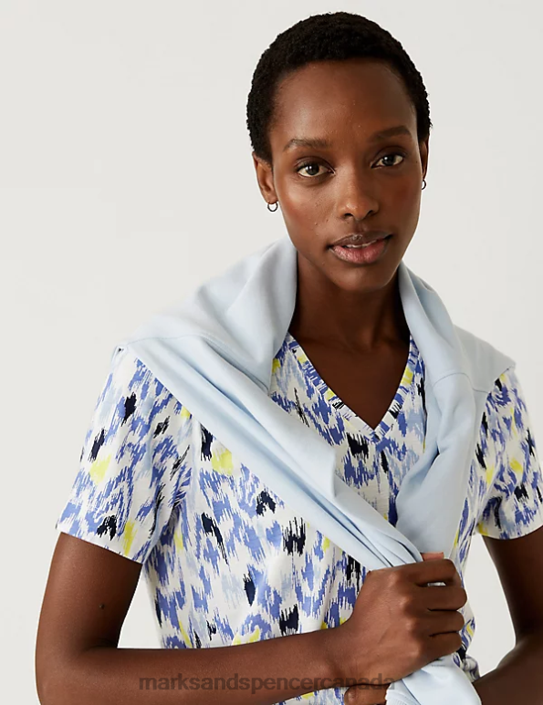 Women Blue Mix Clothing Marks & Spencer Printed Relaxed Longline T-Shirt 20VTD2701 - Marks and Spencer online