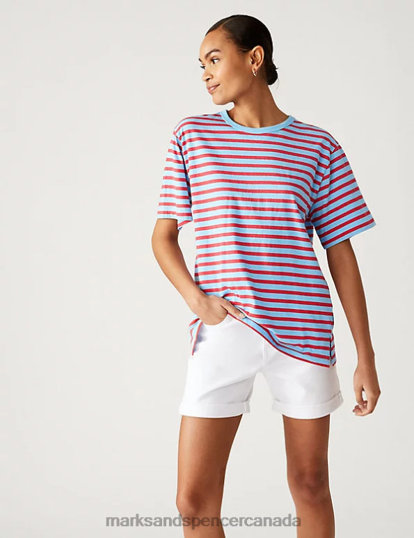 Marks and Spencer Canada - Women Blue Mix Clothing Marks & Spencer Pure Cotton Oversized Striped T-Shirt 20VTD2378