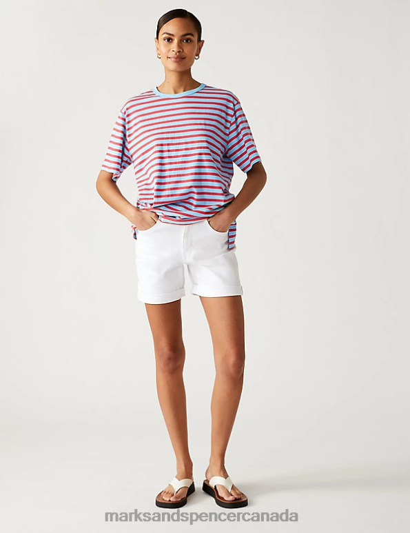 Marks and Spencer Canada - Women Blue Mix Clothing Marks & Spencer Pure Cotton Oversized Striped T-Shirt 20VTD2378