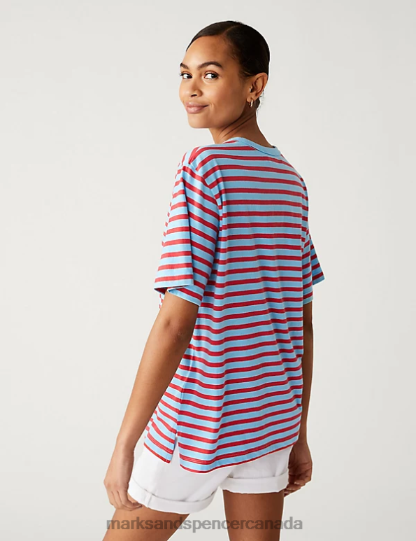 Marks and Spencer Canada - Women Blue Mix Clothing Marks & Spencer Pure Cotton Oversized Striped T-Shirt 20VTD2378