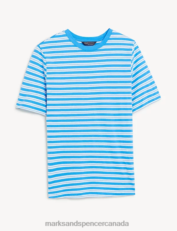 Women Blue Mix Clothing Marks & Spencer Pure Cotton Striped Everyday Fit T-Shirt 20VTD2208 - Marks and Spencer online