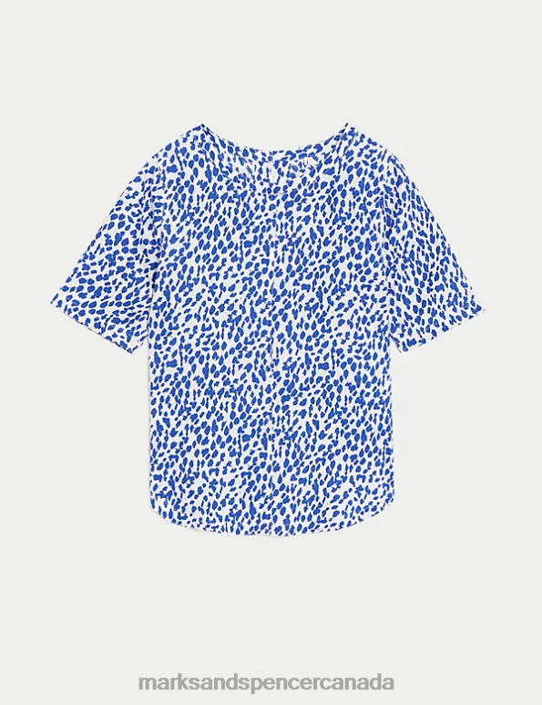 Women Blue Mix Clothing Marks & Spencer Pure Linen Printed Round Neck T-Shirt 20VTD1970 - Marks and Spencer outlet
