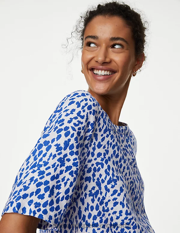 Women Blue Mix Clothing Marks & Spencer Pure Linen Printed Round Neck T-Shirt 20VTD1970 - Marks and Spencer outlet