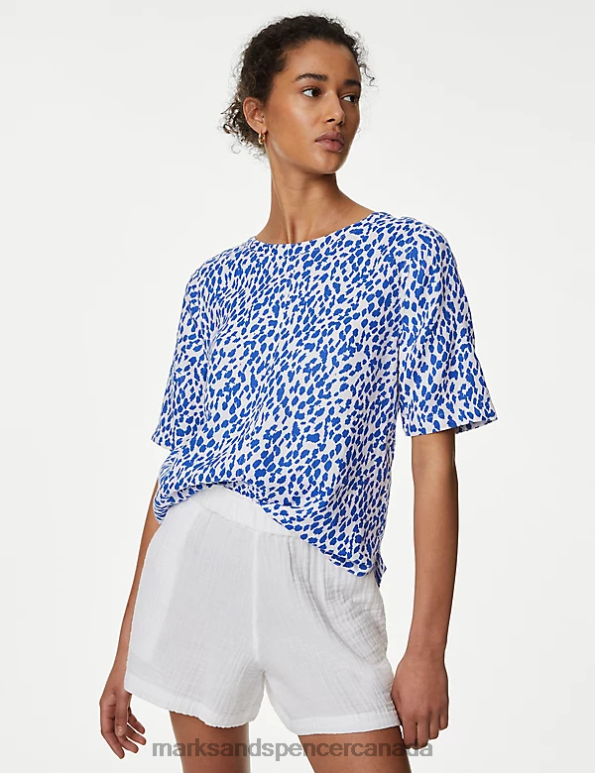 Women Blue Mix Clothing Marks & Spencer Pure Linen Printed Round Neck T-Shirt 20VTD1970 - Marks and Spencer outlet