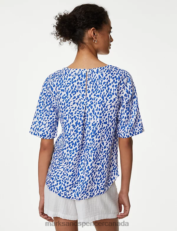 Women Blue Mix Clothing Marks & Spencer Pure Linen Printed Round Neck T-Shirt 20VTD1970 - Marks and Spencer outlet