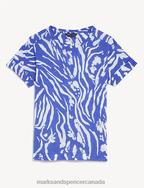 Women Bright Blue Mix Clothing Marks & Spencer Linen Rich Printed T-Shirt 20VTD3036 - Marks and Spencer Canada locations