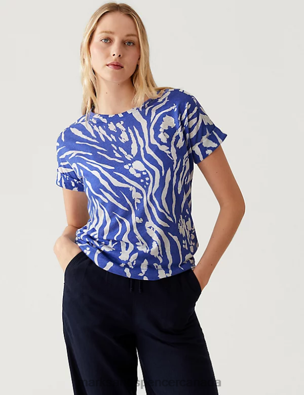Women Bright Blue Mix Clothing Marks & Spencer Linen Rich Printed T-Shirt 20VTD3036 - Marks and Spencer Canada locations
